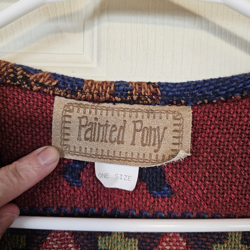 Painted Pony Tapestry Knit Southwestern Bear Country Concho Fringe Vest - Picture 6 of 7